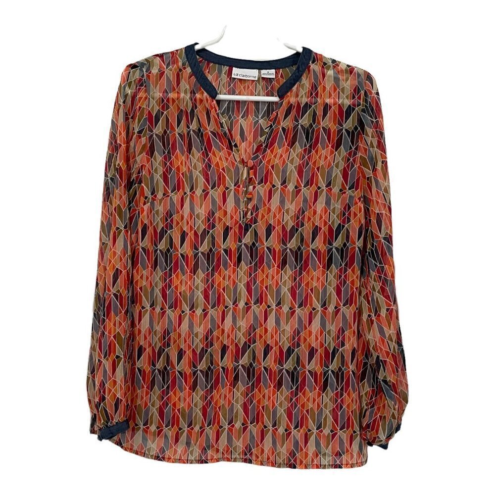 Liz Claiborne Shirt Blouse Top Semi Sheer Orange Denim Geometric Size S